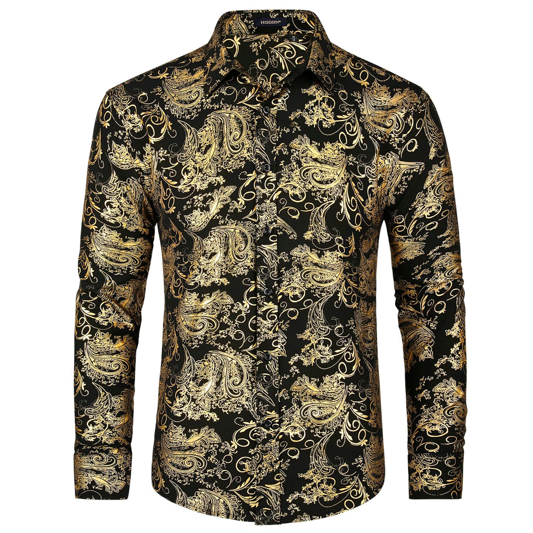 HISDERN Herren Paisley Hemd Langarm Satin Blumen Muster Hemd für Männer Jacquard Stickerei Freizeith