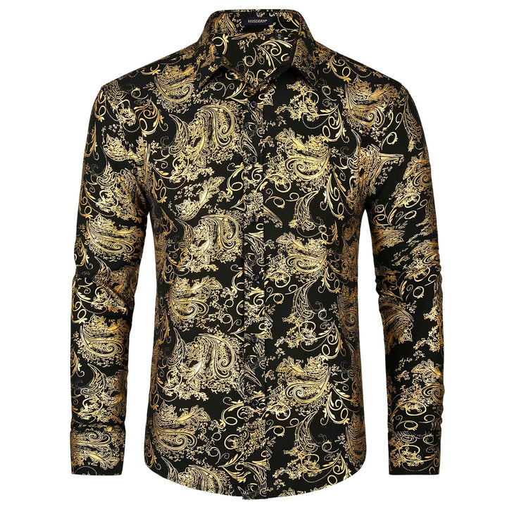 HISDERN Herren Paisley Hemd Langarm Satin Blumen Muster Hemd für Männer Jacquard Stickerei Freizeith