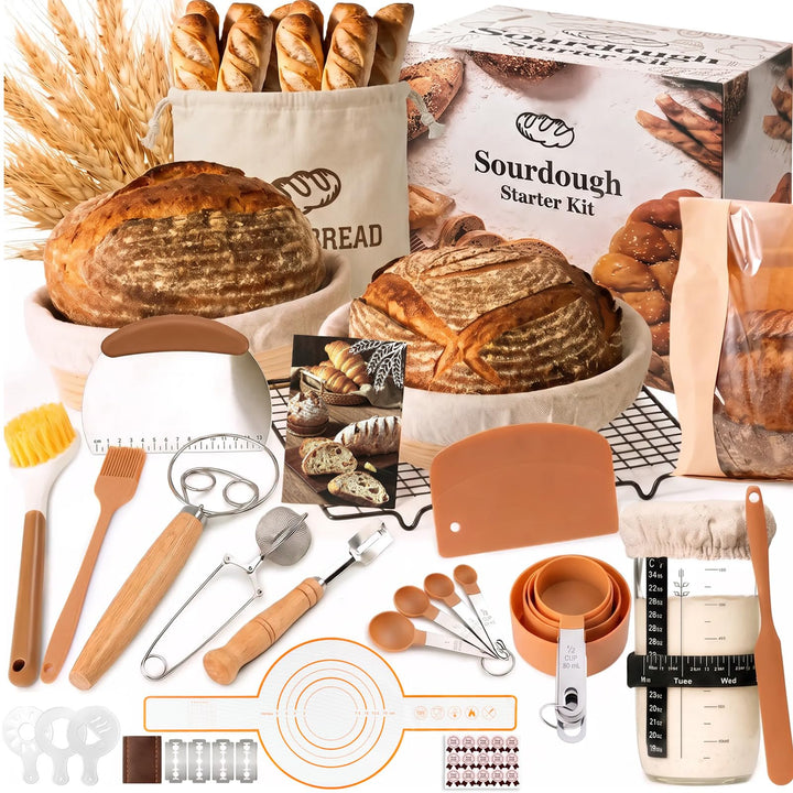 Sauerteig Starter Set, Gärkorb Brot Backen Zubehör mit Runder und ovaler Gärkörbchen, Komplettset Br