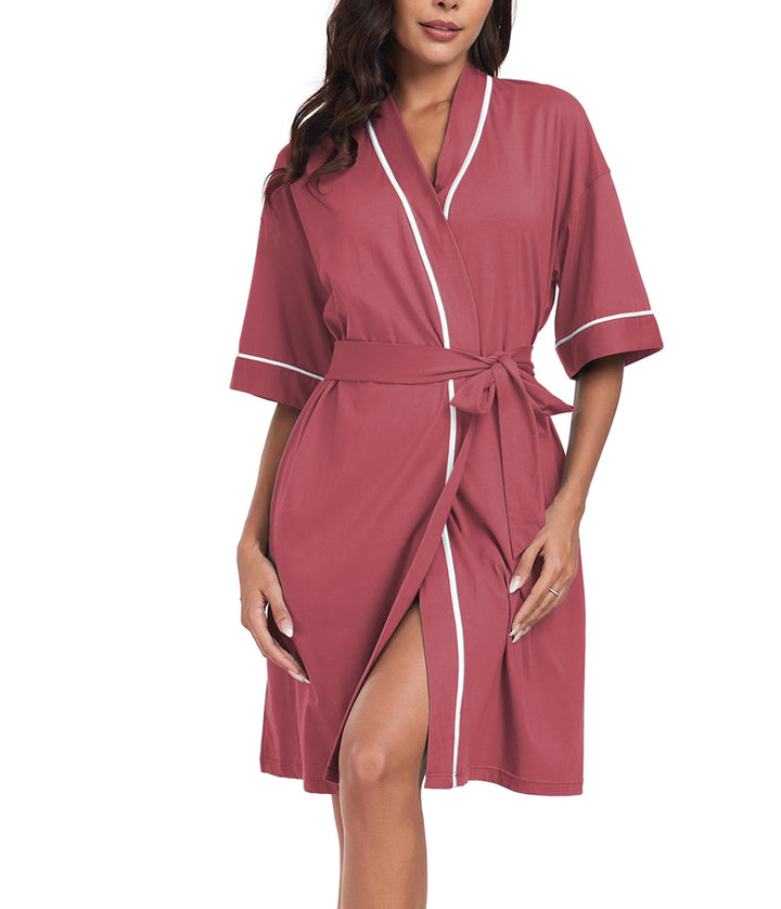COLORFULLEAF 100% Baumwolle Bademantel Damen Kurz Morgenmantel Leicht Knielang Kimono Saunamantel Na