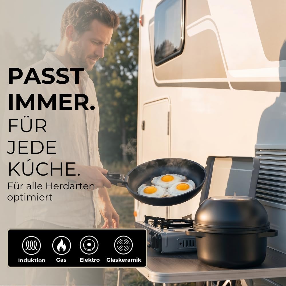 Essential Topf und Pfannenset 8-teilig Induktion, Abnehmbarer Griff, Stapelbar, Platzsparend, Backof