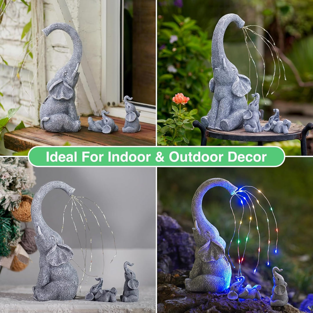Yeomoo Elefanten Deko Gartenfiguren mit Solar Lichterkette Aussen: Elefant Mutter mit 2 Baby Elefant