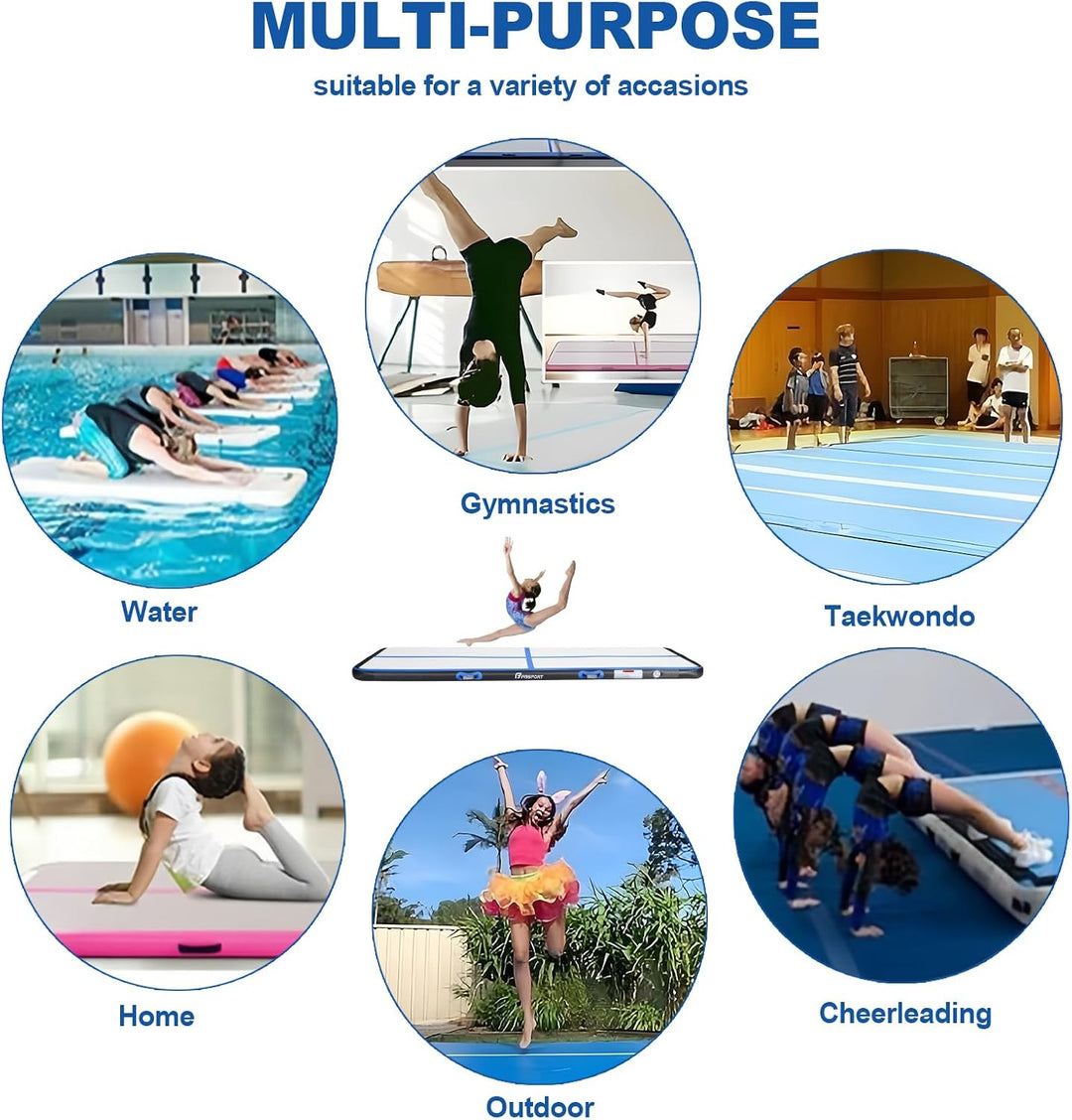 FBSPORT 10/20 cm Höhe, Trainingsmatte, Länge 1/2/3/4/5/6 m, Gymnastikmatte mit Pumpe für den Hausgeb