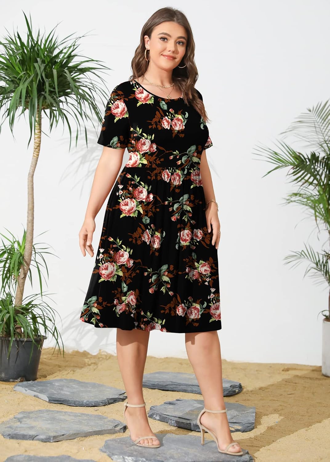 POSESHE Damen-Sommerkleid in Übergrösse 2023, lässig, kurzärmelig, Empire-Taille, lockere Passform,