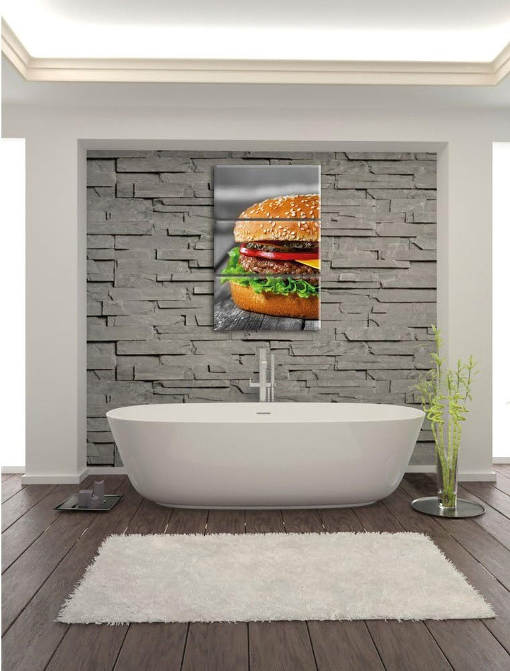 Pixxprint appetitlicher Cheeseburger als Leinwandbild/Grösse: 3 Teilig (120x80) cm/Wandbild/Kunstdru