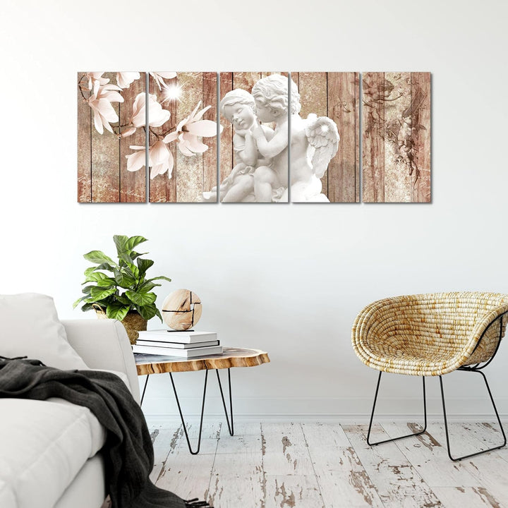 Runa Art Wandbild XXL Engel Blumen Wohnzimmer Schlafzimmer 200 x 80 cm Braun 5 Teilig - Made in Germ
