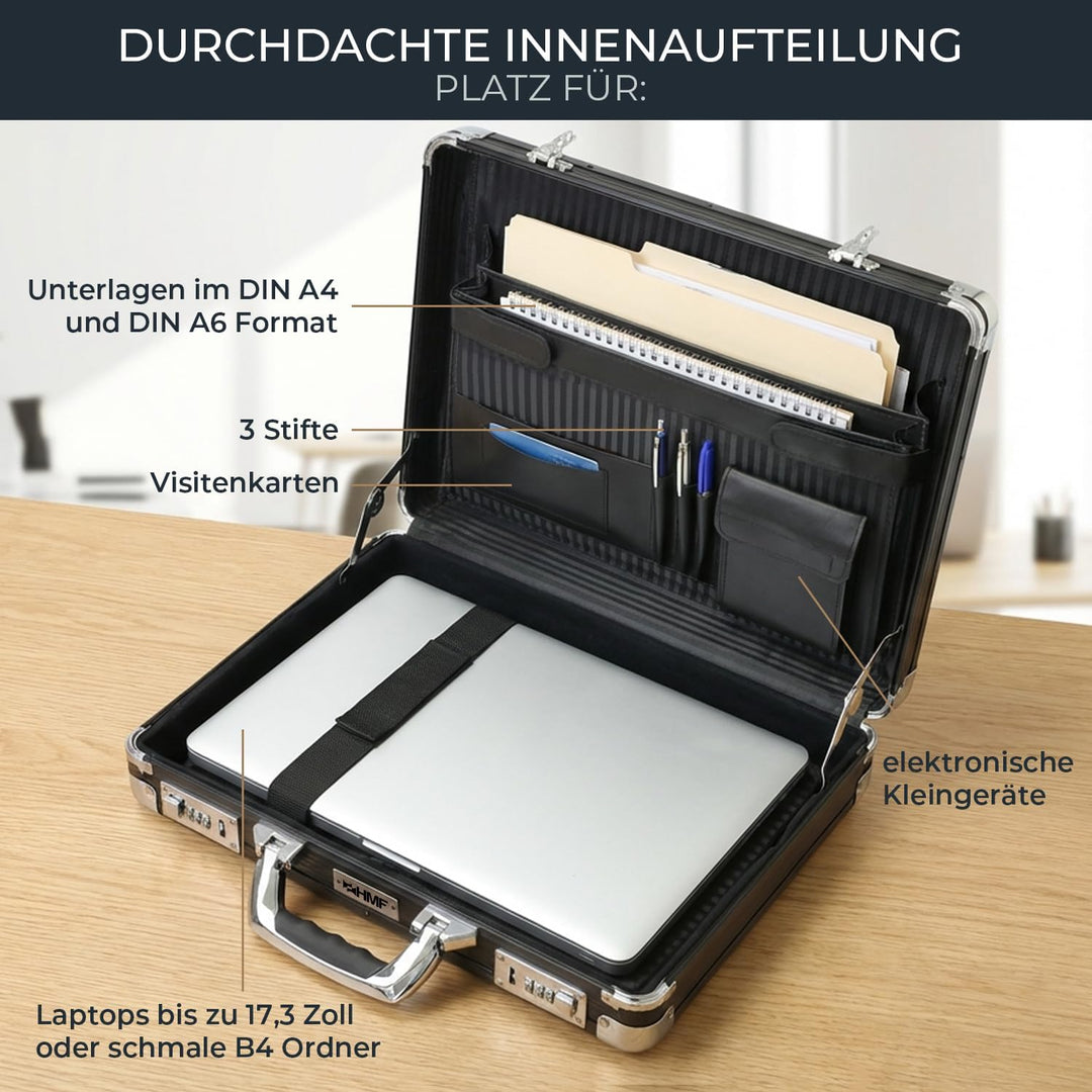 HMF 14651-02 Alu Aktenkoffer Herren, Zahlenschloss, 45 x 33 x 11 cm, schwarz