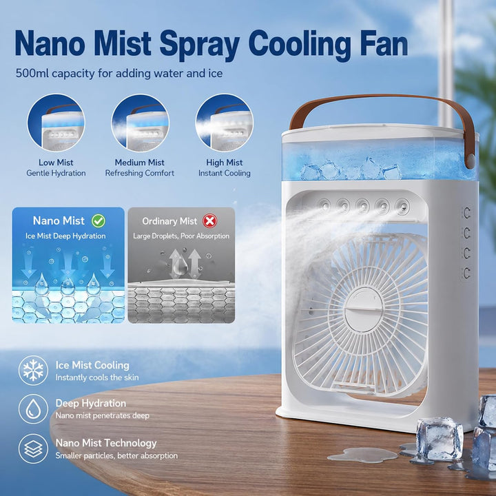 Mobile Klimaanlage, Mini Luftkühler mit 500ml Wassetank, Mini Ventilator USB 4 in 1, Mobile Klimager