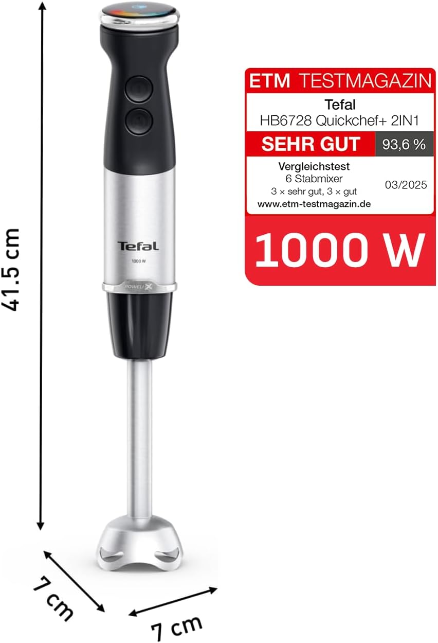 Tefal Quickchef+ 2-in-1 Stabmixer und Zerkleinerer, 1000 W, intuitive Geschwindigkeitsregelung, Turb