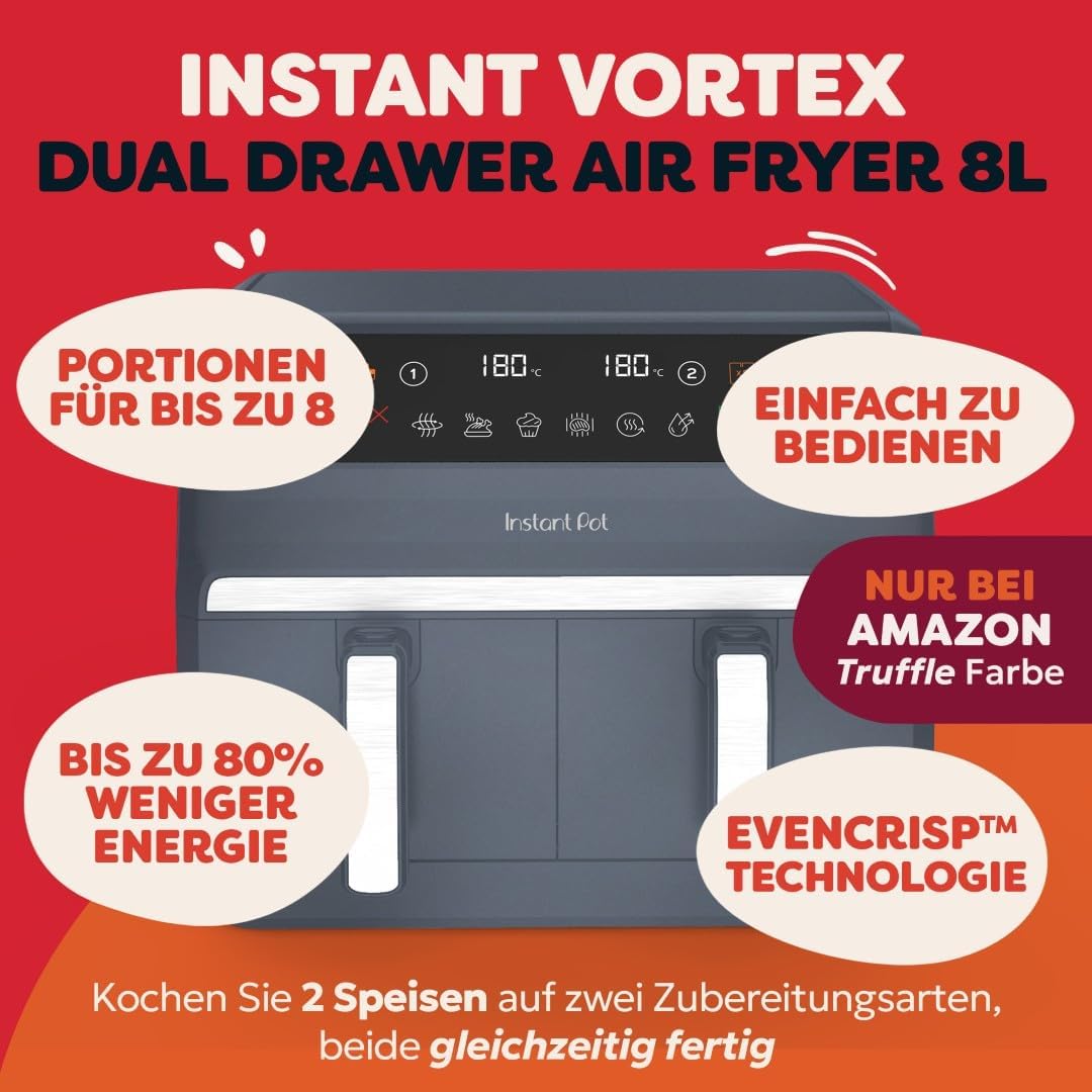 Instant Pot - Vortex Dual Trüffelgrau-Heissluftfritteuse - Gross, 8 l, Familiengrösse, zweifach, dop