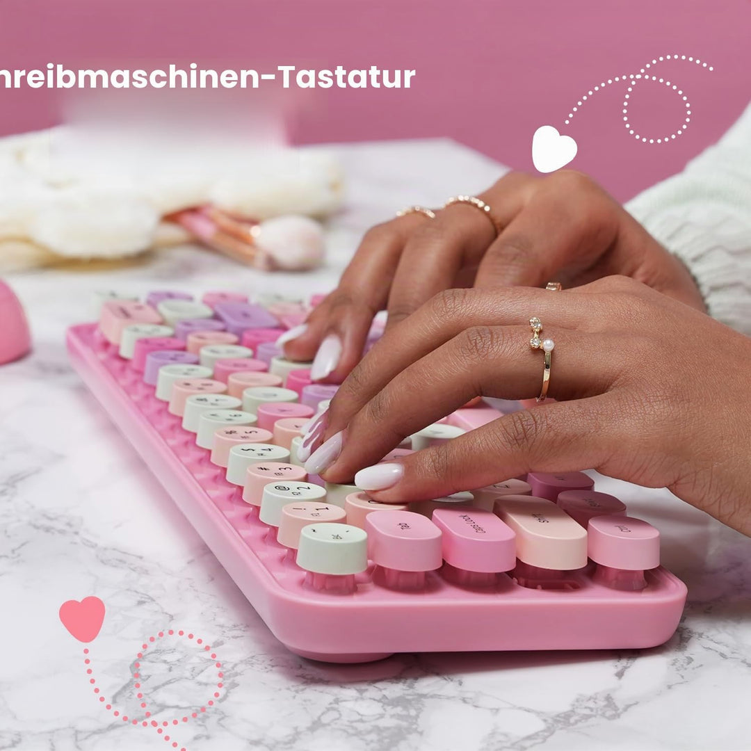 Perixx PERIDUO-802PK Bluetooth Mini Keyboard and Mouse Combo - Retro Round Key Caps - Pastel Pink -