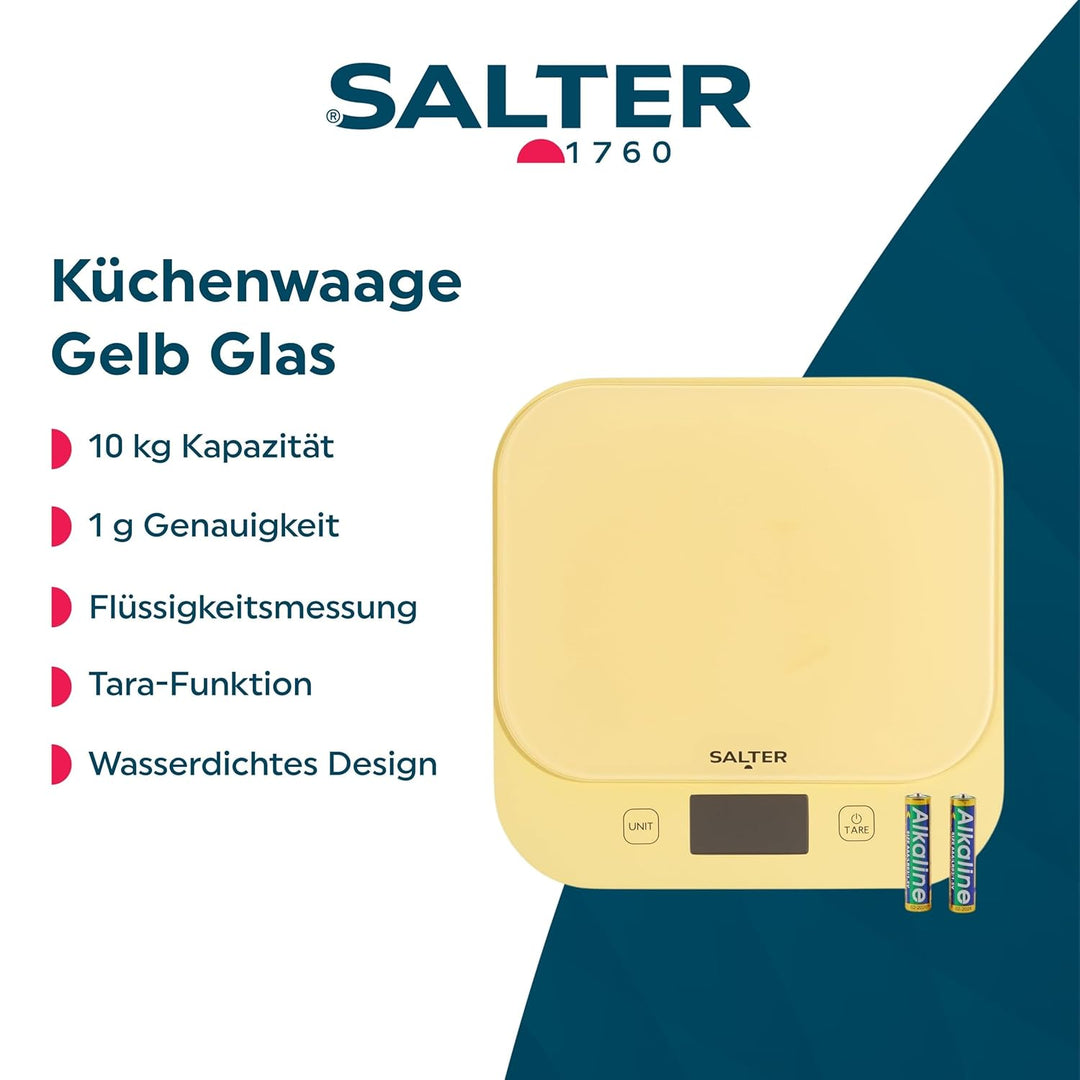 Salter British Bakes Digitale Küchenwaage – Hohe 10kg Kapazität, misst Flüssigkeiten, wasserdicht, T