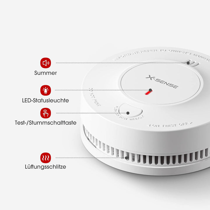 X-Sense Verbesserter Rauchmelder 10 Jahre Batterie, Feuermelder mit fotoelektrischem Sensor, TÜV und