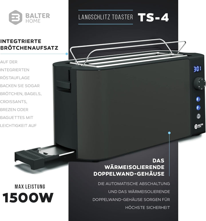 Balter Toaster 4 Scheiben, Langschlitz, Edelstahl, Brötchenaufsatz, LCD Display mit Restzeitanzeige,