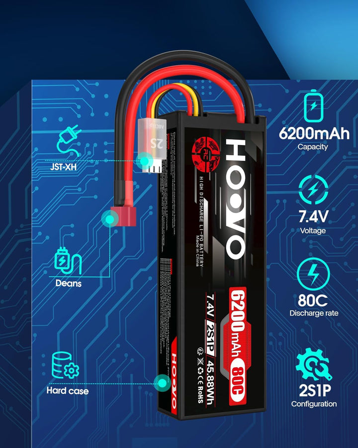 HOOVO 2S Lipo Akku 7,4V 80C 6200mAh RC Batterie mit Deans Stecker Batterie für RC Auto Flugzeug Heli