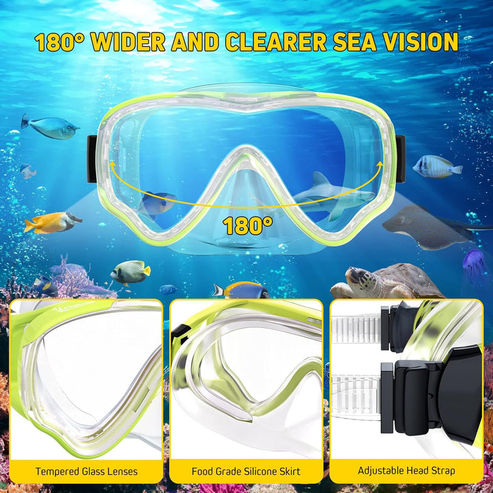 Schnorchelset Kinder mit Flossen,Anti-Fog 180°Panorama Taucherbrille Kinder, Verstellbaren Schwimmfl