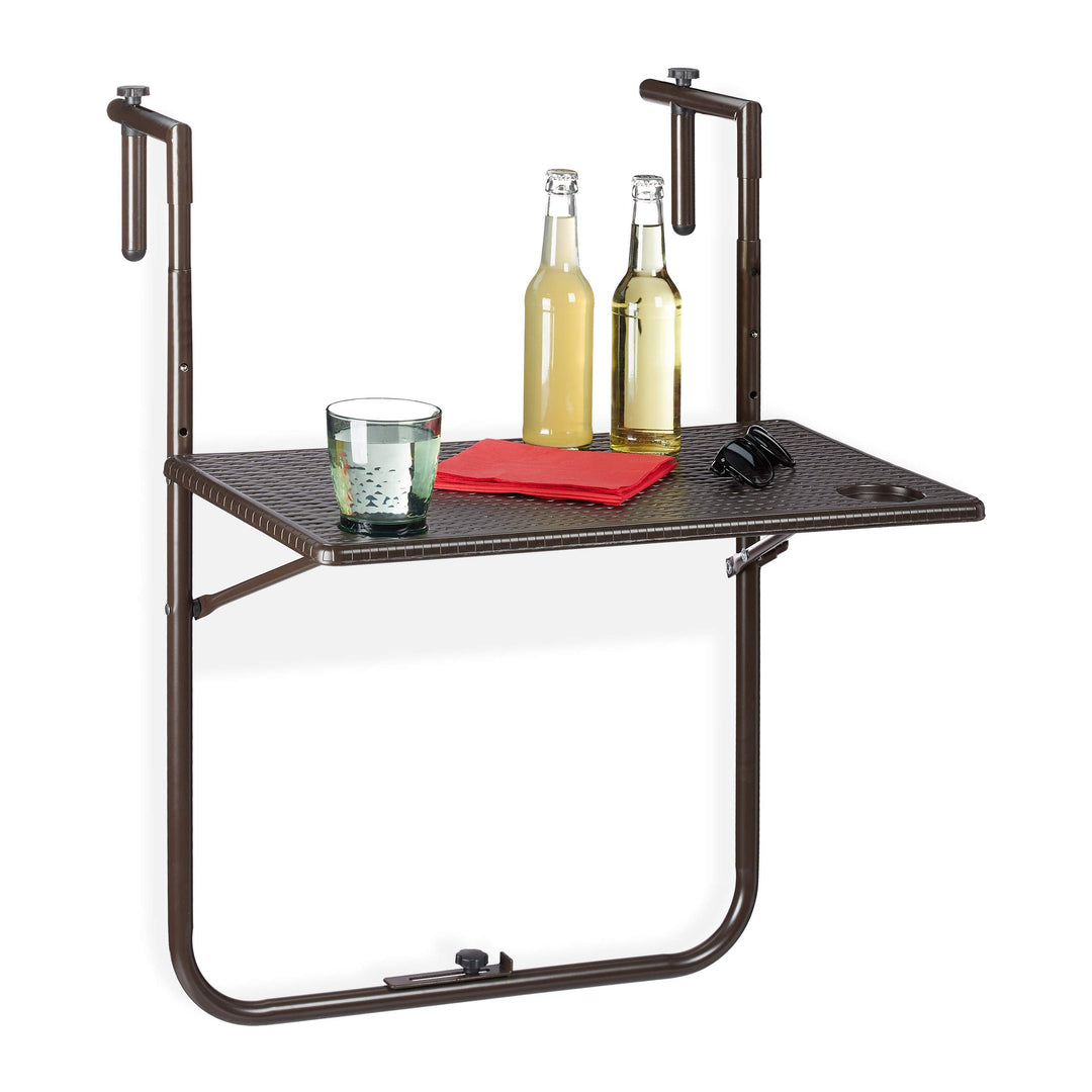 Relaxdays Balkonhängetisch klappbar, 3-Fach höhenverstellbar, Rattan-Optik, wetterfest, Tisch BxT 59