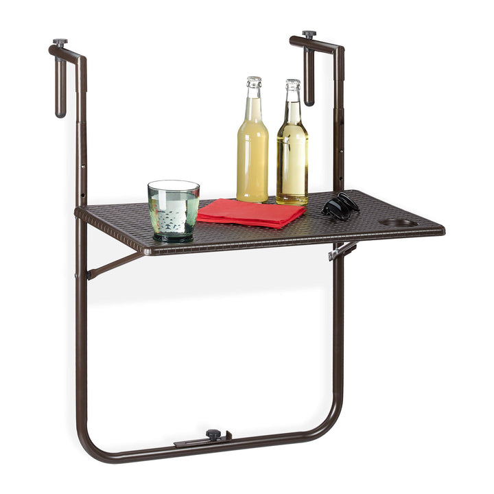 Relaxdays Balkonhängetisch klappbar, 3-Fach höhenverstellbar, Rattan-Optik, wetterfest, Tisch BxT 59