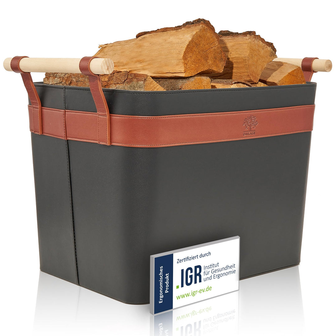 OAKAGE® Holzkorb für Kaminholz Gross aus veganem Leder Kaminholzkorb Feuerholzkorb Brennholzkorb Kam