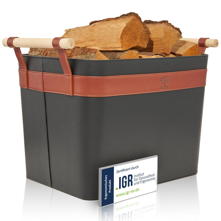 OAKAGE® Holzkorb für Kaminholz Gross aus veganem Leder Kaminholzkorb Feuerholzkorb Brennholzkorb Kam