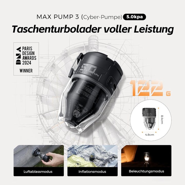 FLEXTAILGEAR MAX Pump 3 Tragbare Luftpumpe, 5,0 kPa, Beleuchtung, USB-Aufladung zum Aufblasen und En