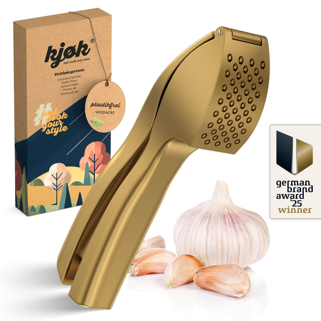 kjøk Premium Knoblauchpresse aus Zinklegierung in Gold matt - profi Knoblauch Presse spülmaschinenfe
