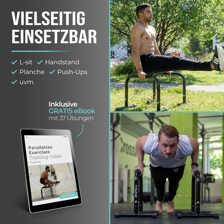 PULLUP & DIP Fitness Parallettes, Medium Minibarren aus Stahl, Handstand Barren mit extra breitem Gr