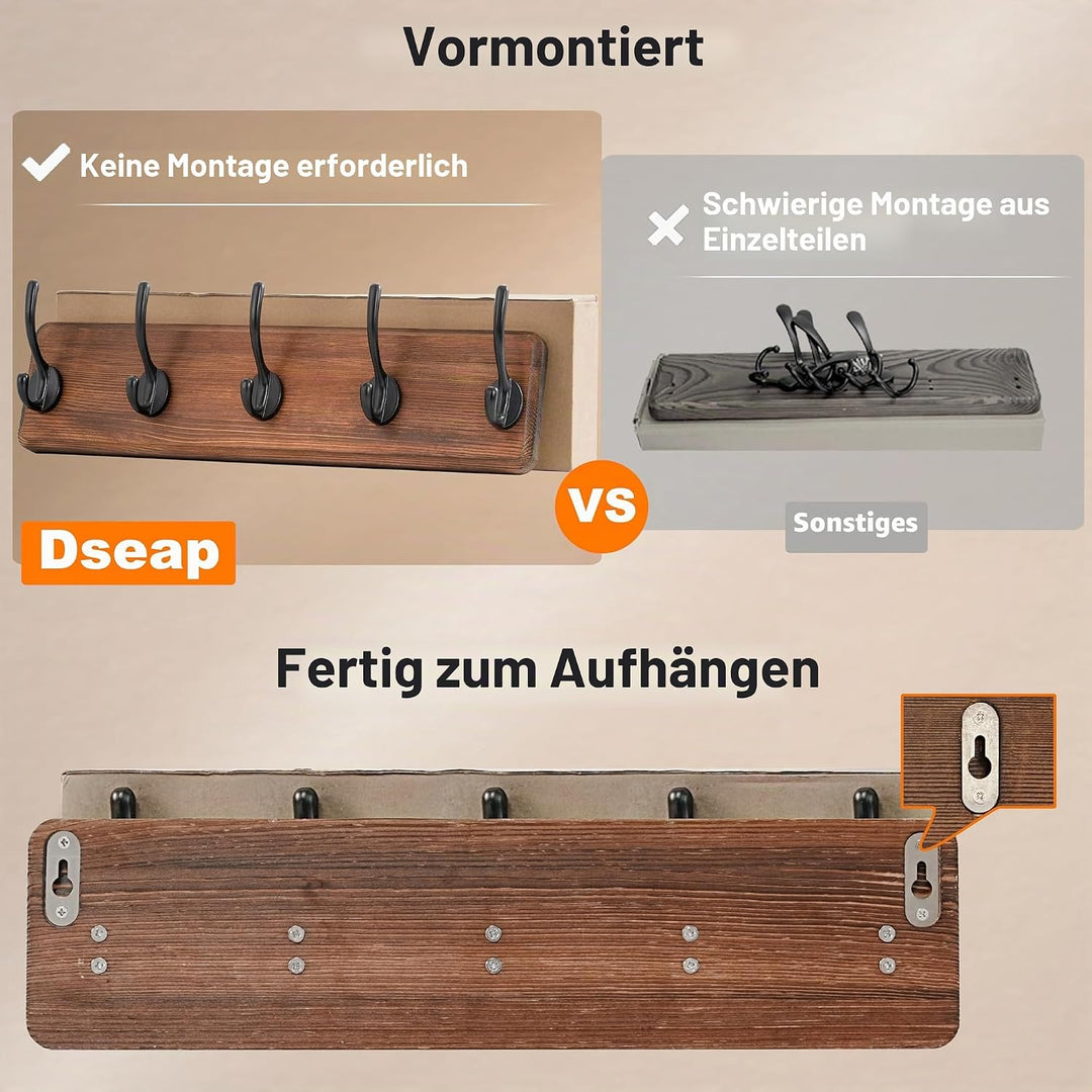 Dseap Garderobenleiste für Wandmontage mit fünf haken – Stabile, hölzerne Wandgarderobenleiste, Hake