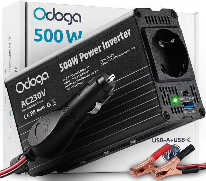 Odoga Wechselrichter 12V auf 230V – 500W Spannungswandler, Stromwandler mit 3A USB-A & USB-C Anschlü