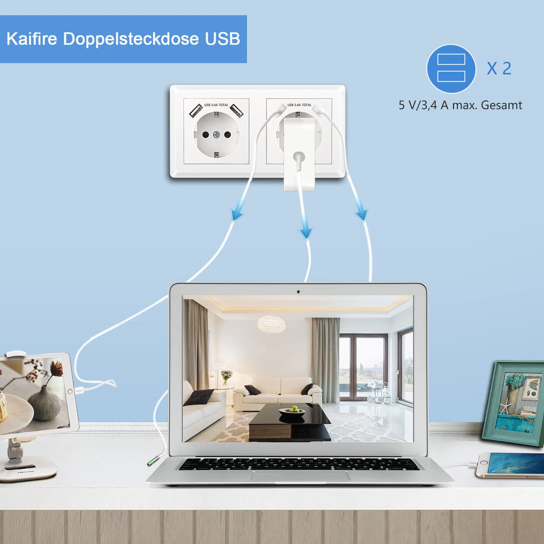 Kaifire Doppelsteckdose mit USB Anschluss, Schuko USB Steckdose System 55 Reinweiss Komplett-Set ink