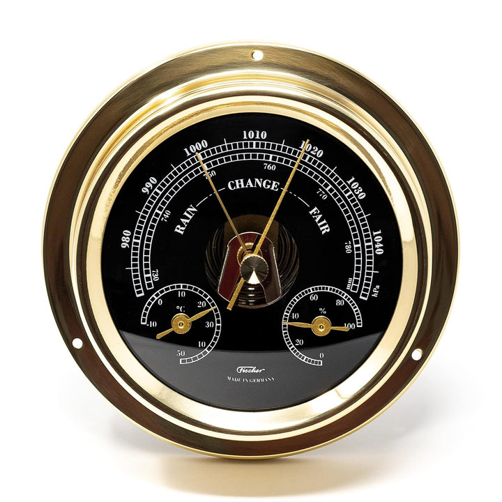 Fischer 1508BTH-45.6 – maritime Wetterstation – 125mm Barometer, schwarzes Ziffernblatt, Messing-Geh