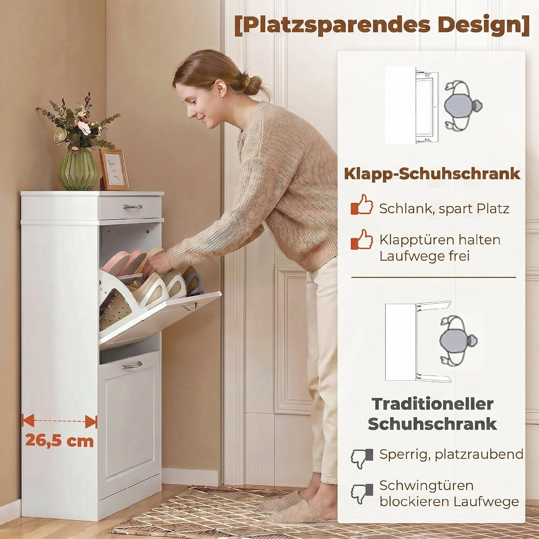 HOMCOM Schuhschrank mit 2 Klappen, Schublade, 53 x 26,5 x 89 cm, Weiss | Schuhkipper Schmal Schuhreg