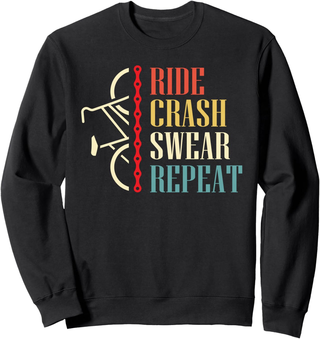 Vintage Ride Crash Swear Repeat - Funny Retro Mountain Bike Sweatshirt
