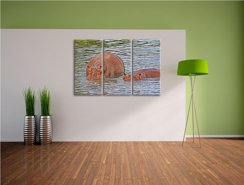 zwei Flusspferde im hohen Wasser NewArt 3-Teiler Leinwandbild 120x80 Bild auf Leinwand, XXL riesige