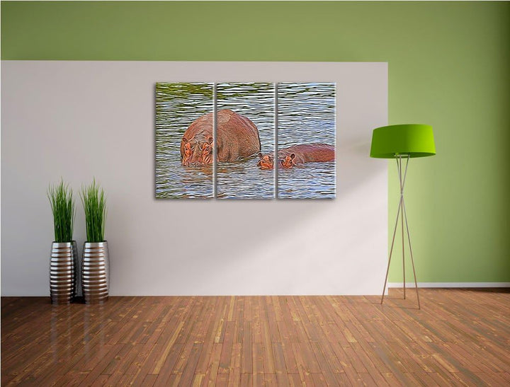 zwei Flusspferde im hohen Wasser NewArt 3-Teiler Leinwandbild 120x80 Bild auf Leinwand, XXL riesige