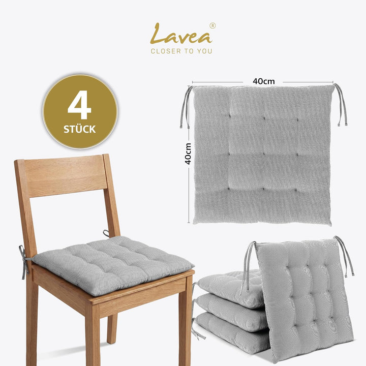 Lavea® Sitzkissen &amp; Stuhlkissen 40x40 cm – 4er Set – mit Stoffbändern – Outdoor &amp; Indoor – waschbar