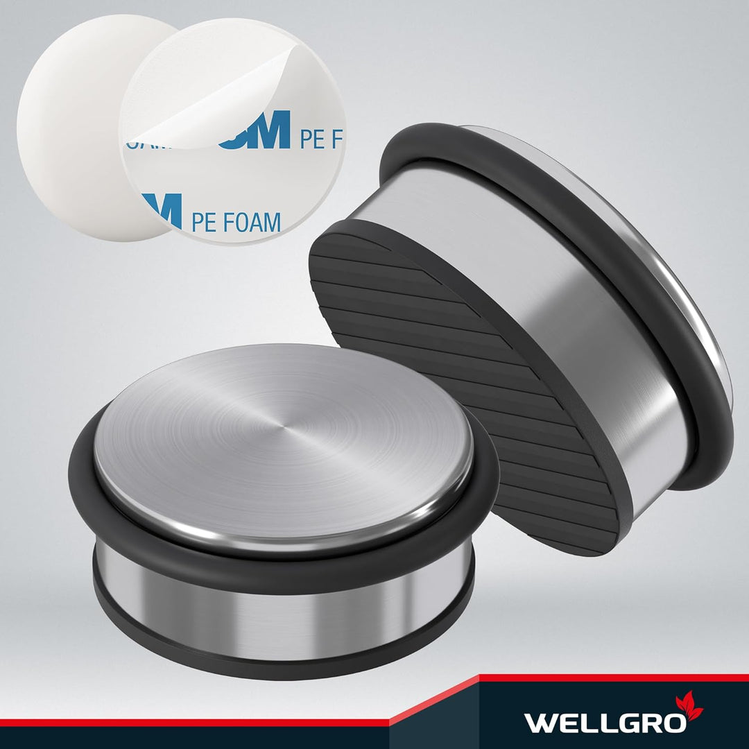 WELLGRO Edelstahl Türstopper 1,2 kg + Wand Türstopper, ohne Bohren, 10 x 4,5 cm (ØxH), rutschfester