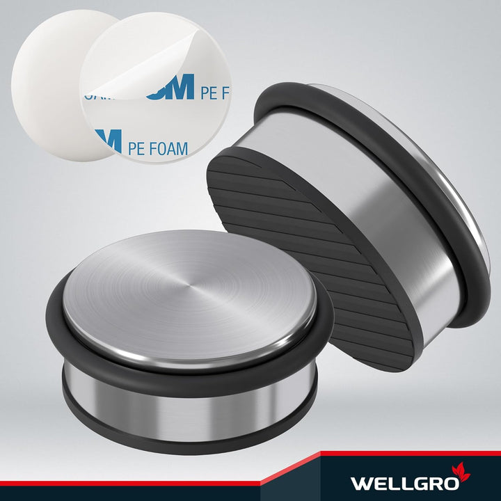 WELLGRO Edelstahl Türstopper 1,2 kg + Wand Türstopper, ohne Bohren, 10 x 4,5 cm (ØxH), rutschfester