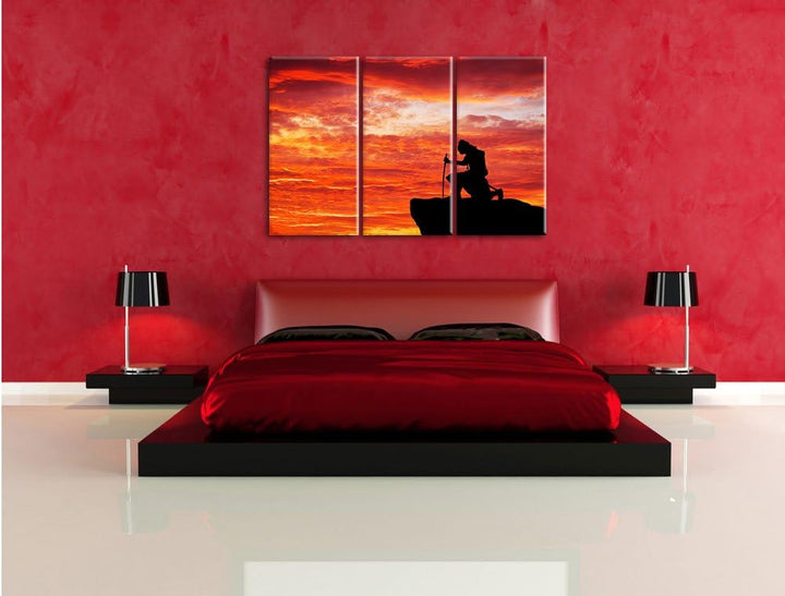 Pixxprint Samurai auf der Spitze des Berges als Leinwandbild | Grösse: 3 Teilig (120x80) | Wandbild|