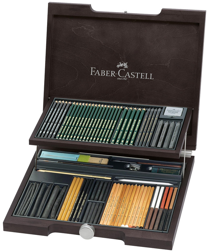 Faber-Castell 112971 - Pitt Monochrome Holzkoffer, 86 Teile Holzkoffer 85-teilig, Holzkoffer 85-teil