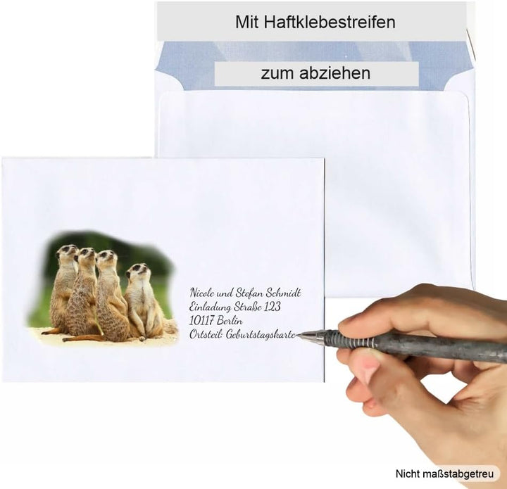 Geburtstagseinladung für jedes Alter - eigener Text wird eingedruckt. Motiv Erdmännchen wir sehen wo