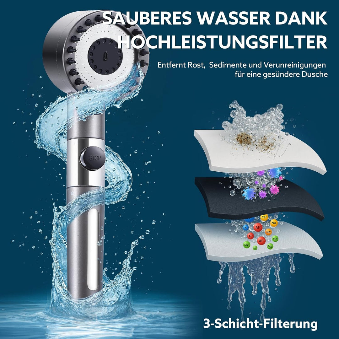 Duschkopf mit Filtera – Hochdruck Duschkopf aus Chrom mit 15-Stufen Wasserfilter, 4 Modi & Stopptast
