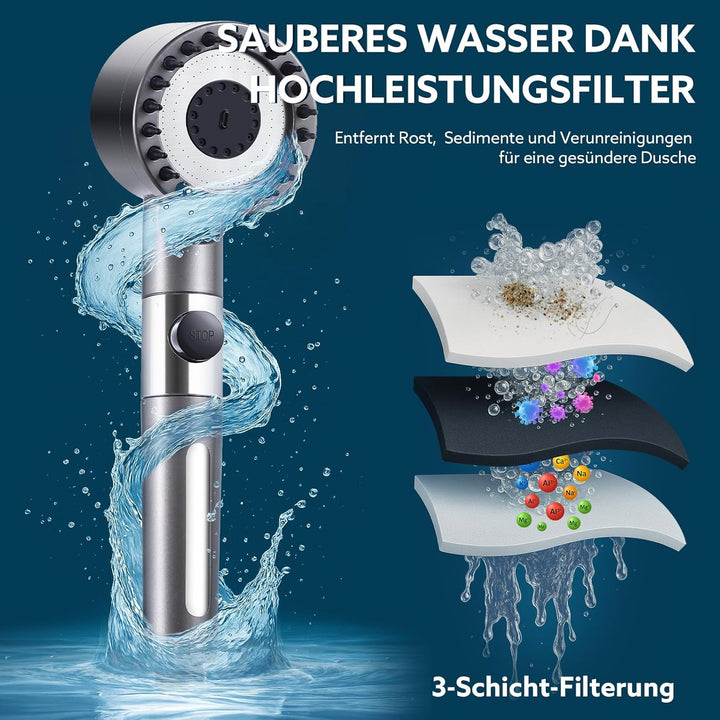 Duschkopf mit Filtera – Hochdruck Duschkopf aus Chrom mit 15-Stufen Wasserfilter, 4 Modi & Stopptast