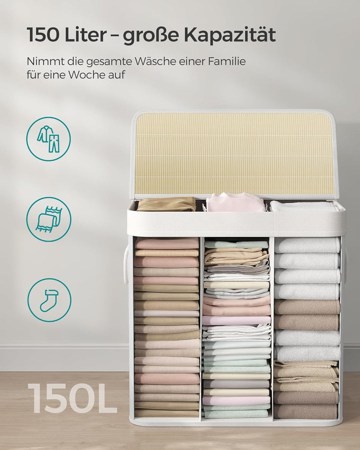 SONGMICS 150L Wäschekorb, Wäschebox mit Deckel, Wäschesortierer, aus Bambus, mit Griffen, 3 Fächern,