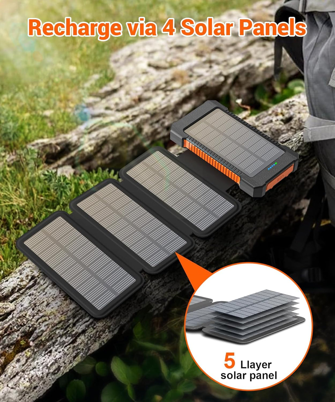 Solar Powerbank 26800 mAh, Powerbank USB-C 18W Schnellladung für iPhone Samsung und mehr, IPX7 wasse