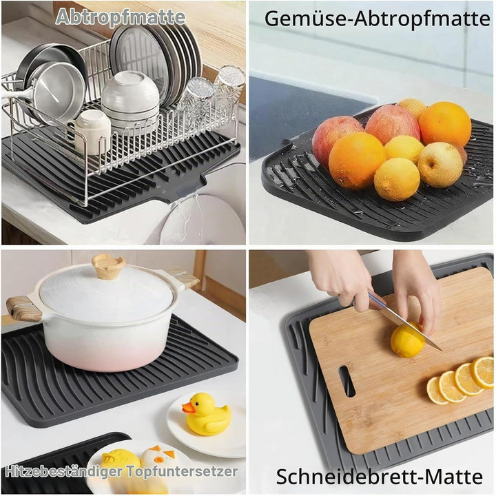 Premium Silikon Geschirr-Trockenmatte mit Gefälle-Design – Rutschfest, Hitzebeständig (bis 230°C), S