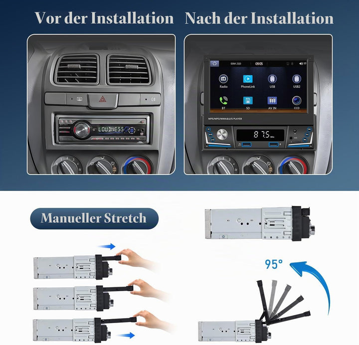Hikity AM FM Autoradio 1 Din Wireless Carplay Android Auto, Touch Screen 7 Zoll Ausfahrbarem Display