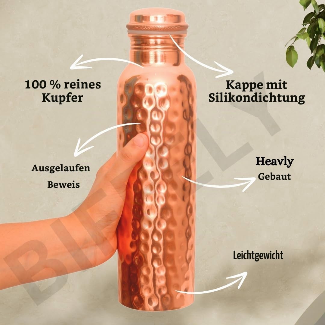 Kupfer-Wasserflasche, handgefertigt, ayurvedisch, 100% reines Kupfer, für Damen und Herren, auslaufs