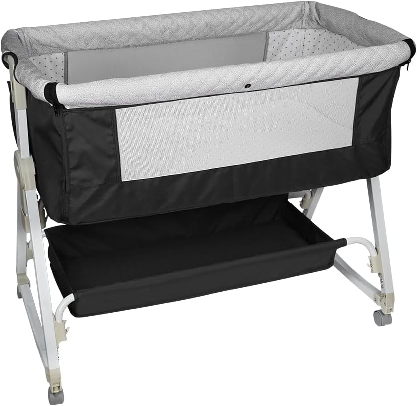 Babybett, 6-stufig Höhenverstellbar,Wiege mit Matratze und Moskitonetz, Mobile Babywiege für Neugebo