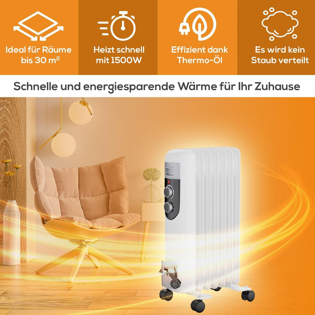 TroniTechnik® Ölradiator OR-107 7 Rippen 1500 W Thermostat weiss | 3 Heizstufen, Kippschutz, 4 Lenkr